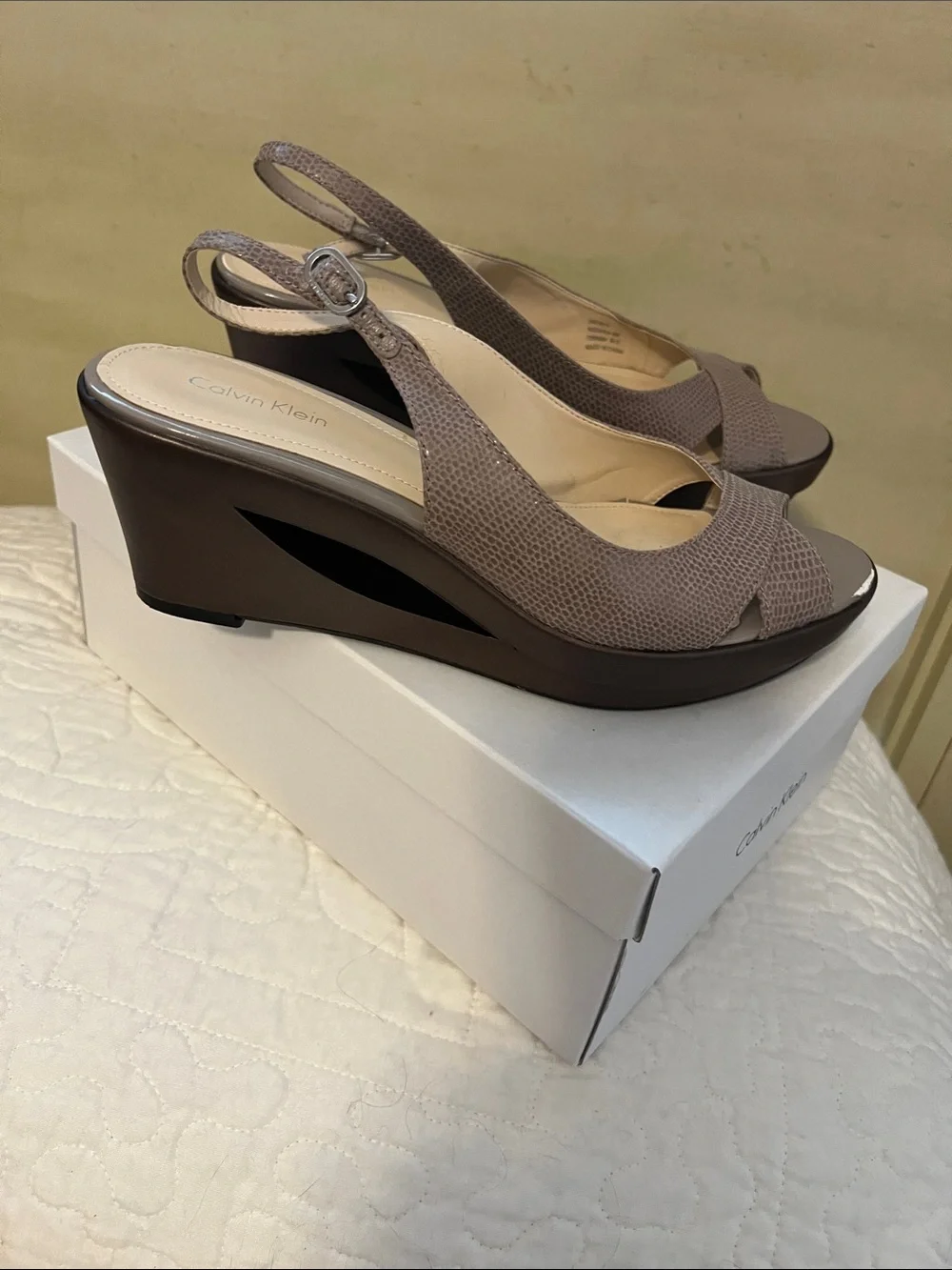 Calvin Klein Taupe Peep-Toe Slingback Wedge Sandals